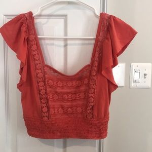 Forever 21 orange crop top- frilly sleeves